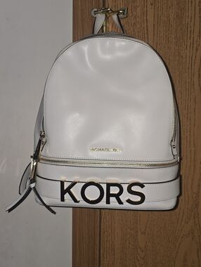 Michael Kors White Leather Mini Backpack with Gold Hardware and KORS Logo